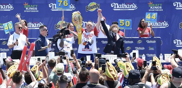 A photo of Joey Chestnut winning the 2021 hot-dog eating contest